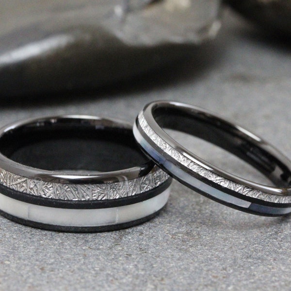 Mother of Pearl Match His and Hers Meteorite Black Tungsten Wedding Ring Wedding Set Hawaiian Jewelry Set Anniversary Tungsten Wedding