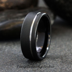 Mens Wedding Ring, Black Ring with Silver Accent, Sandblasted 8mm Band, Mens Black Ring