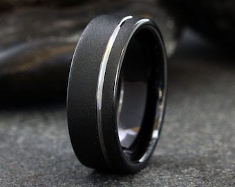 Mens Wedding Ring, Black Ring with Silver Accent, Sandblasted 8mm Band, Mens Black Ring