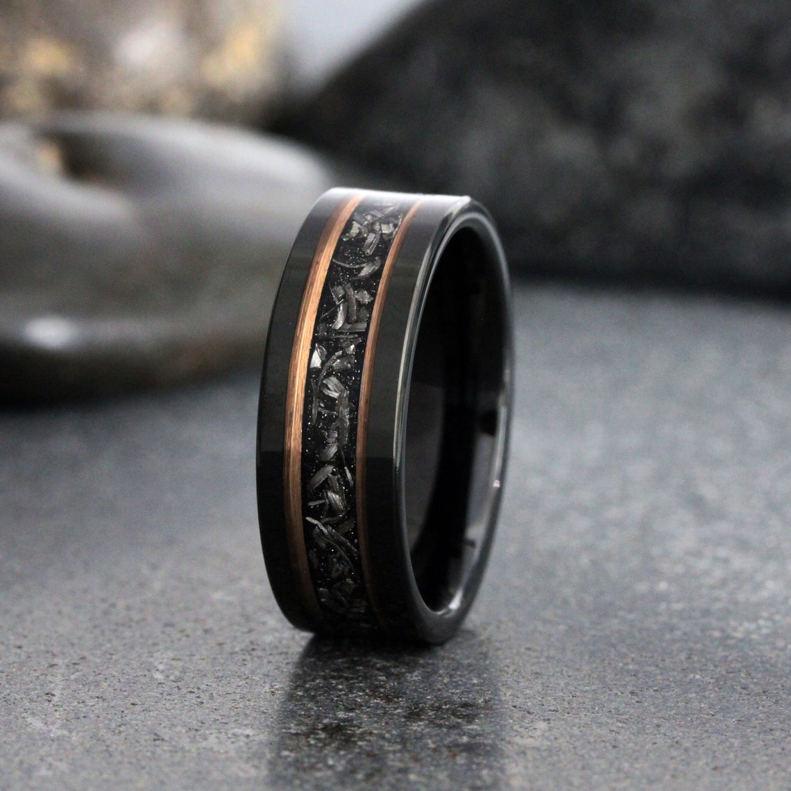 Meteorite Rose Gold Strip Black Tungsten Wedding Rings Stripe - Etsy