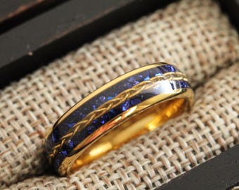 Sapphire glass braid Inlay Ring, Yellow Gold tungsten Wedding Band, men women comfort fit