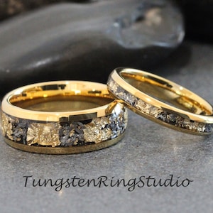 Gold Foil Ring Set Meteorite Gold Wedding Set Match His and Her Meteorite Ring 4mm 6mm 8mm Ring Leaf Ring, Mens Wedding Rings, Gold Accent