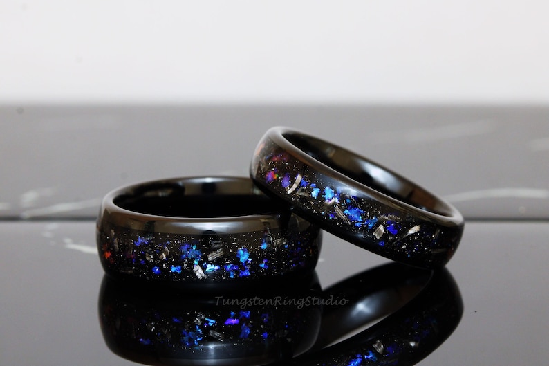Meteorite Nebula Matching Ring Set His and Hers Ring Set Black 4mm 6mm 8mm Men Women Ring Outer Space Ring Wedding Anniversary Ring Tungsten image 1