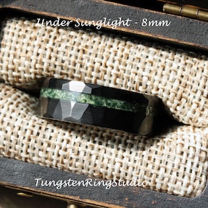 Moss Agate Hammer Ring 8mm Offset Black Tungsten Wedding Ring  Men Wedding Band Moss Agate Black Ring Mens Ring Men & Women
