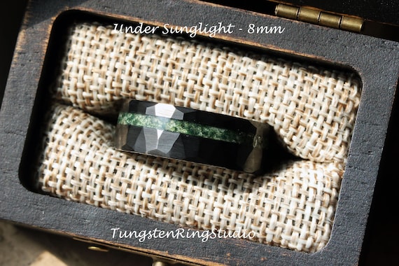 Moss Agate Hammer Ring 8mm Offset Black Tungsten Wedding Ring  Men Wedding Band Moss Agate Black Ring Mens Ring Men & Women