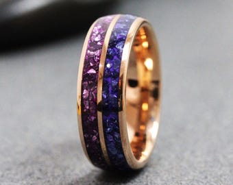 Tanzanite & Amethyst Wedding Ring - Double Inlay Tungsten Carbide Glass Band