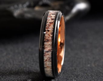 Anillo de tungsteno negro con forma de asta de ciervo, biselado escalonado, para bodas, unisex, de 6 mm u 8 mm