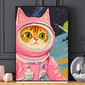Katzen Astronaut Poster, lustige Katzen Leinwand, wunderliche Katze im Weltraum Wand Kunst, süßes rosa Katzen Poster für die Raumästhetik, buntes Kinderdekor