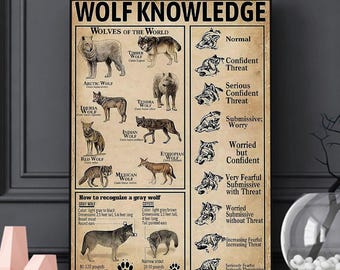 Vargkunskapsaffisch, vintage-canvas med vargar från världen, väggkonst med skogsdjur, skolutbildning, vargjaktspresent, väggdekoration med grå varg