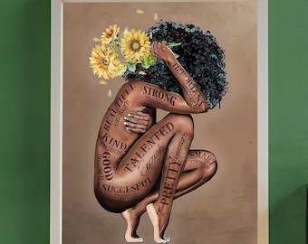Black Women Poster, Black Girl Strong Beautiful Kind Enough Wall Art, Positive Affirmation Canvas, African American Wall Decor, Afro Girl