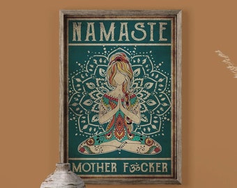 Namaste Mother Fcker Funny Hippie Yoga Girl Poster Canvas, Vintage Hippie Yoga Girl Art Prints, Inspirational Yoga Poster, Yoga Lover Gift