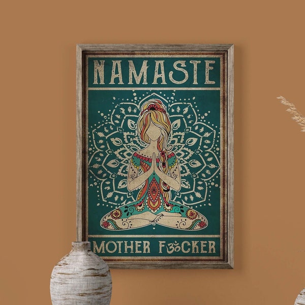 Namaste Mother Fcker Funny Hippie Yoga Girl Poster Canvas, Vintage Hippie Yoga Girl Art Prints, Inspirational Yoga Poster, Yoga Lover Gift