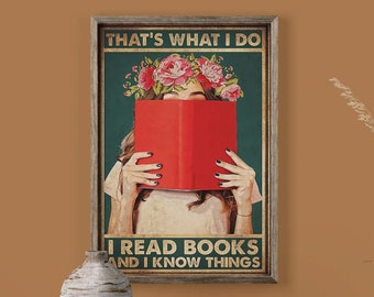 I Read Book And I Know Things Poster, Vintage Girl Reading Book Poster Canvas, Vintage Pot Head Girl Art, Book Lover Gift, Gift For Her