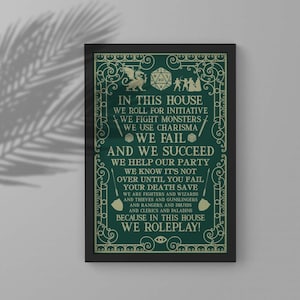 In This House We Roll For Initiative Poster, Roleplay Canvas, Vintage Dice DnD Wall Art, Gaming RPG Wall Decor Gift For Him, Retro 90s Gift