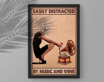 Easily Distracted By Music And Wine Poster, Vintage Girl Music Head Canvas, Girl Drinking Wine Wall Art, Pot Head Music Prints