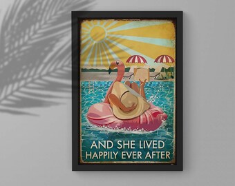 And She Lived Happily Ever After Retro Poster Canvas, Retro Summer Beach Girl Art Print, Summer Beach Wall Art, Beach Lover Gift For Her