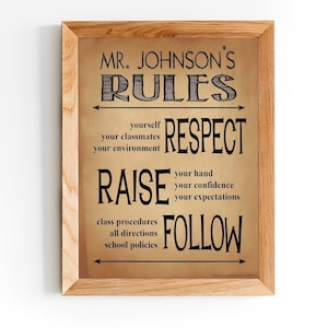 May include: A framed wall sign with a light brown background and black text that reads: MR. JOHNSON'S RULES, RESPECT yourself, your classmates, your environment, RAISE your hand, your confidence, your expectations, FOLLOW class procedures, all directions, school policies.