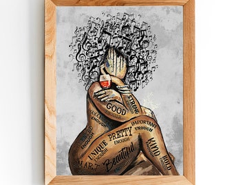 May include: A digital art print of a woman with a crown of musical notes. The woman is holding a glass of wine and the words "Strong Enough", "Good Enough", "Important Enough", "Pretty Enough", "Unique Enough", "Talented Enough", "Smart Enough", "Beautiful Enough", "Kind Enough", and "Bold Enough" are written on her body.