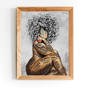 May include: A digital art print of a woman with a crown of musical notes. The woman is holding a glass of wine and the words "Strong Enough", "Good Enough", "Important Enough", "Pretty Enough", "Unique Enough", "Talented Enough", "Smart Enough", "Beautiful Enough", "Kind Enough", and "Bold Enough" are written on her body.