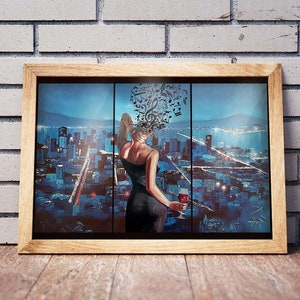 Wine And Music Girl Window View Poster, Vintage Music Canvas, Girl Pot Head Wall Art, City View Poster Gift For Her, Wine Lovers Print