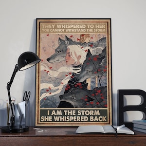 Vintage I Am The Storm Poster Canvas, Vintage Wolf Girl Poster Canvas, Inspirational Girl Power Wall Art, Wolf Lover Gift, Gift For Her