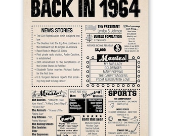 Back in 1964 Newspaper Poster Canvas, Vintage 60th Birthday Wall Art, Born in 1964 Print For Parents Family, 60th Years Old Anniversary Gift