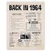 Back in 1964 Newspaper Poster Canvas, Vintage 60th Birthday Wall Art ...