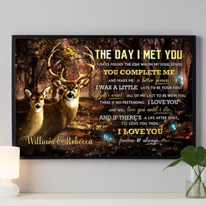 Personalisiertes Hirsch-Paar Poster, Der Tag, an dem ich dich traf, fand ich den Einen, den meine Seele liebt, benutzerdefinierte Namen Leinwand, Geburtstagsgeschenke für Frau Ehemann