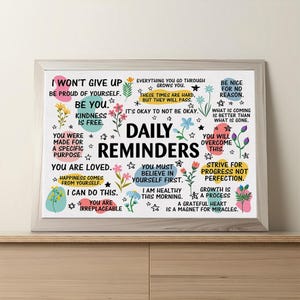 May include: A white poster with colorful flowers and stars surrounding inspirational quotes. The poster reads "Daily Reminders" and includes phrases like "I won't give up", "You are loved", and "Growth is a process".
