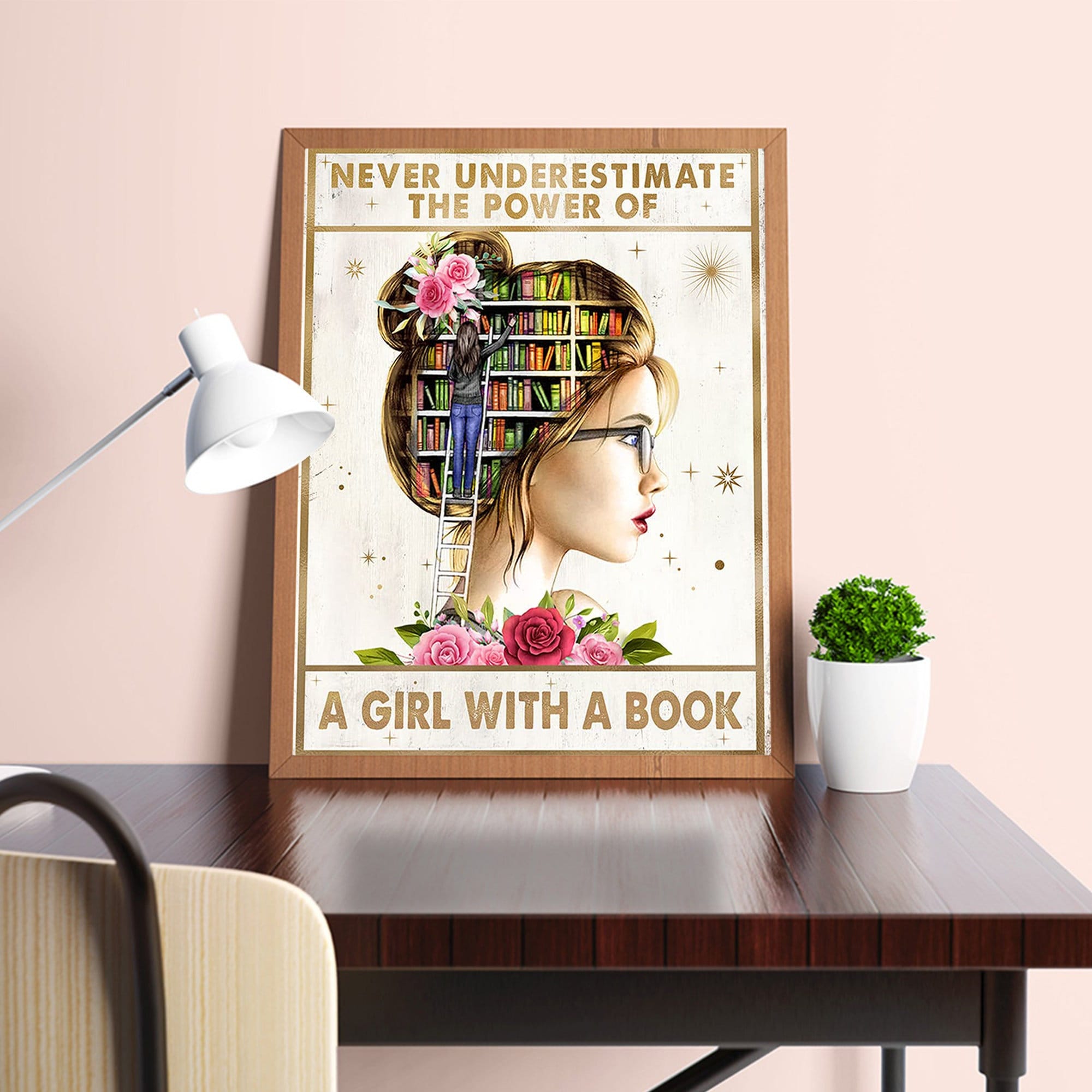 Never Underestimate The Power Of A Girl With A Book Poster, Motivational Book Canvas, Classroom Wall Art, Bookworm Print, Teacher Gift