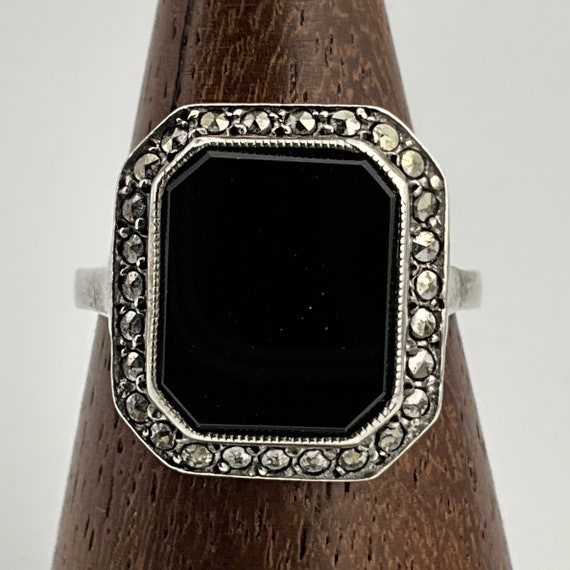 Euro vintage モザイクオニキス マーカサイトシルバーリング USA製1950年代ヴィンテージオニキスマーカサイトスターリング