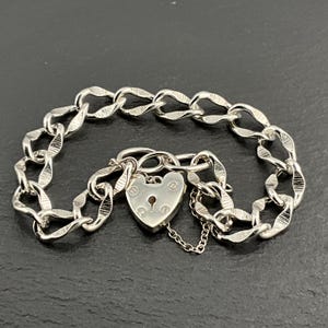 Vintage Sterling Silver Heart Padlock Charm Bracelet