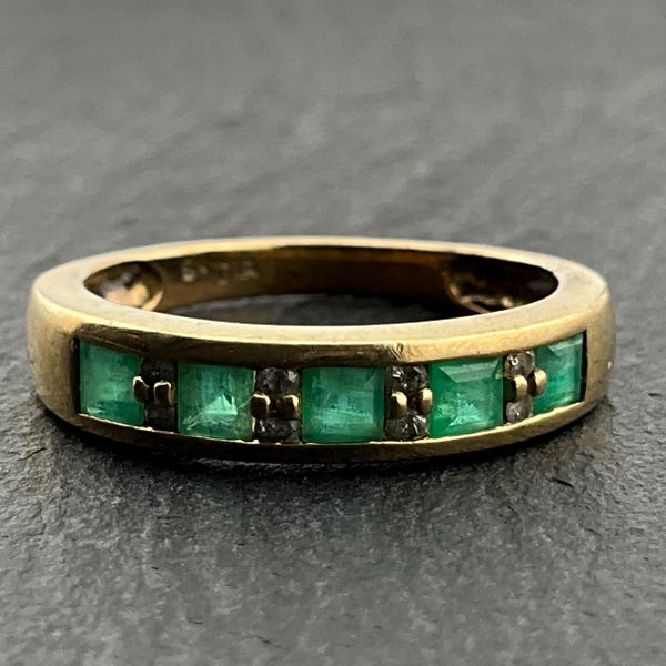Vintage 9ct Gold Emerald & Diamond Ring, UK Size L1/2, US Size 5 3/4, EU Size 51