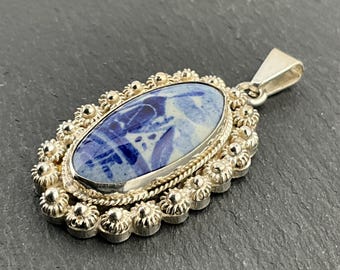 Vintage Porcelain Windmill Sterling Silver Fancy Oval Pendant Necklace