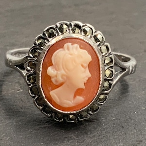Vintage Cameo & Marcasite Sterling Silver Ring, UK Size N, US Size 6 1/2, EU Size 52 3/4