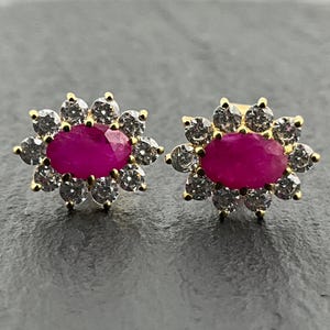 May include: A pair of stud earrings featuring a central oval-shaped vibrant pink gemstone surrounded by a halo of twelve small, clear, round-cut white stones set in a gold-toned metal frame, creating a floral-inspired cluster design.