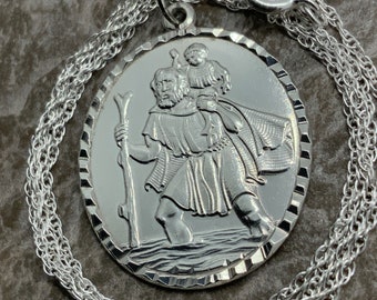 Vintage Solid Sterling Silver St Christopher Pendant Necklace