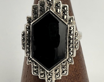 Bague Cocktail Vintage Argent Massif - Avec Onyx, Opale Et Marcassites - Taille 53 - Occasion