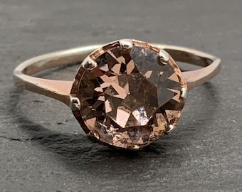 Vintage Cubic Zirconia Rose Gold Gilded Sterling Silver Solitaire Ring, UK Size N, US Size 6 1/2, EU Size 52 3/4