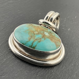 Vintage Turquoise Heavy Sterling Silver Large Oval Pendant