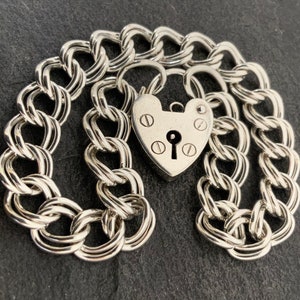 Vintage Sterling Silver Heart Padlock Charm Bracelet