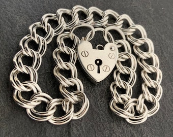 Vintage Sterling Silver Heart Padlock Charm Bracelet