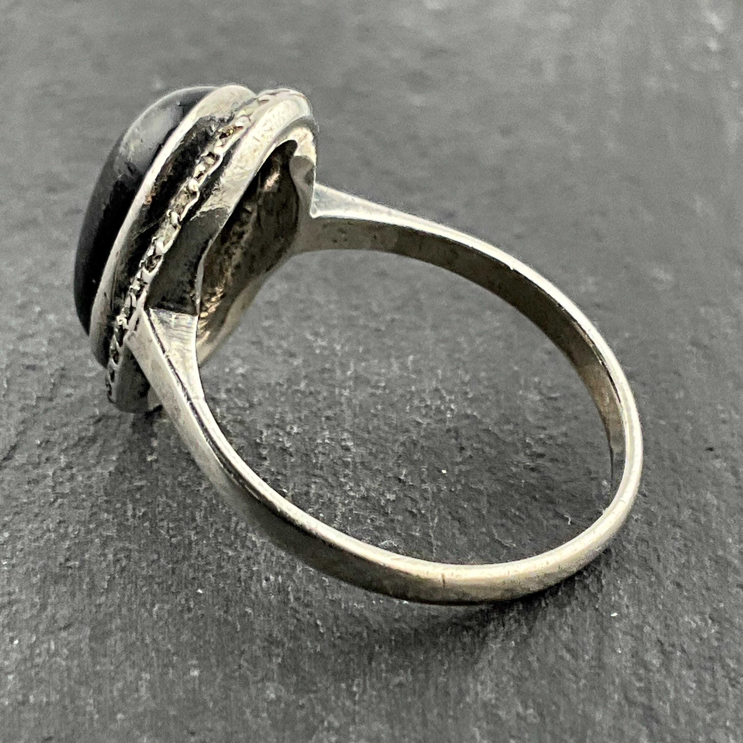 Bague Argent Massif Avec Onyx Et Marcassites - Taille 52 - Style Vintage - Occasion