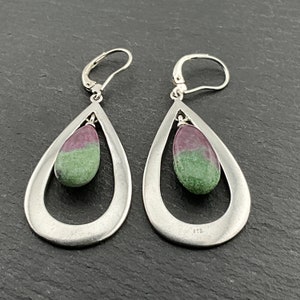 Vintage Ruby Zoisite Heavy Sterling Silver Teardrop Statement Dangle Earrings