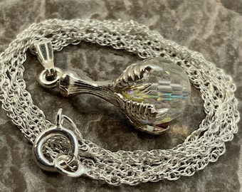 Vintage Sterling Silver Rainbow Glass Claw Pendant Necklace