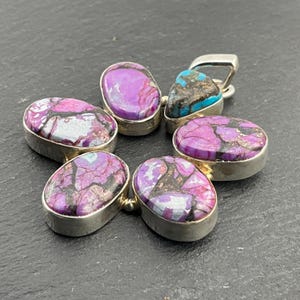 Vintage Purple Copper Turquoise Heavy Sterling Silver Cluster Flower Statement Pendant