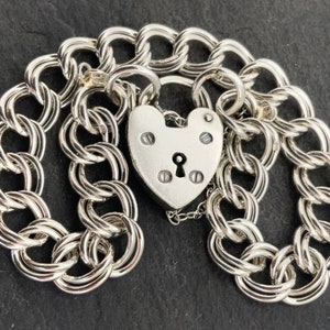 Vintage Sterling Silver Heart Padlock Charm Bracelet