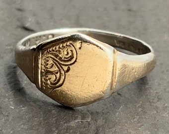 Vintage 9ct Gold Gilded Sterling Silver Dainty Signet Ring, UK Size D 1/2, US Size 2 1/4, EU Size 42
