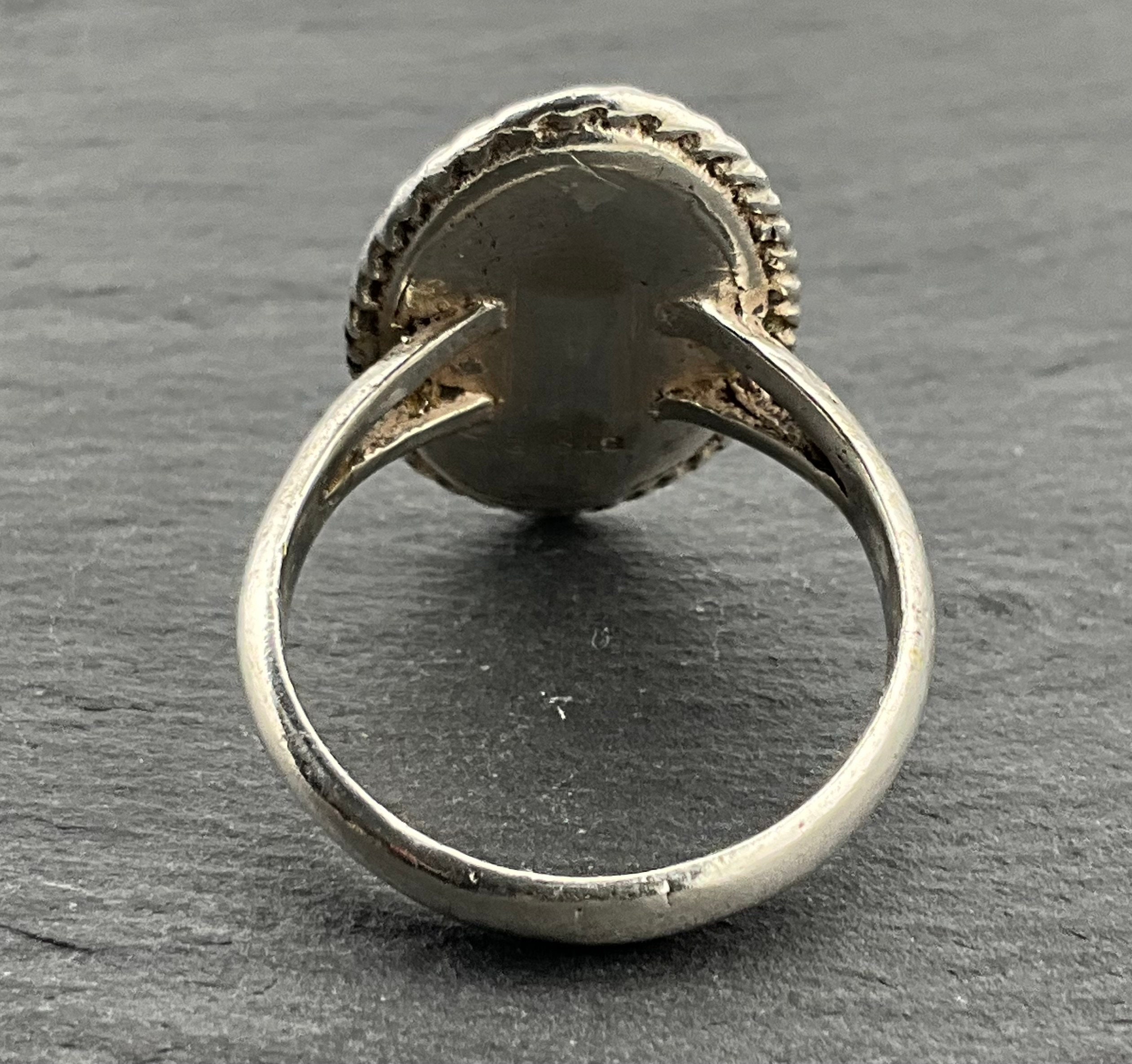 Antique Art Deco Carved Nephrite Jade Ring in Sterling