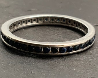 Vintage Sapphire Sterling Silver Dainty Eternity Band Ring, UK Size O1/2, US Size 7 1/4, EU Size 54 1/2